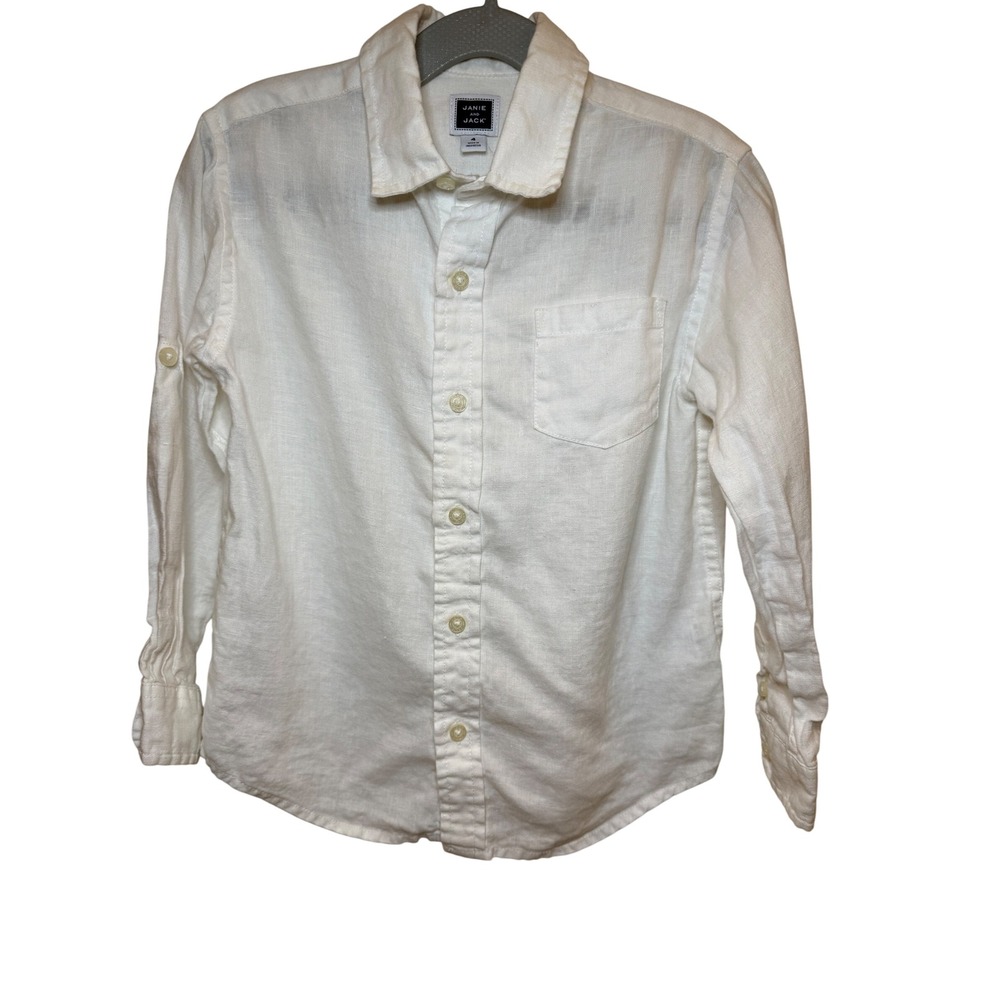 Janie and Jack Boys Size 4 White 100% Linen Long Sleeve Button Down Shirt